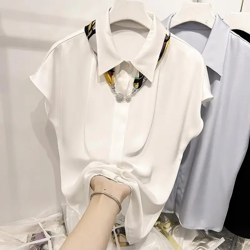 Summer Chiffon White Shirt Tops Short Sleeve Polo Neck Solid Loose All-match Blouse Office Fashion Elegant Women Clothing B87