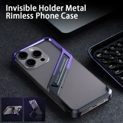 Metal Invisible Holder Phone Case For Iphone 14 15 16 Pro Max S Type Aluminum Rimless Phone Cover Heat Dissipation Stand Shell