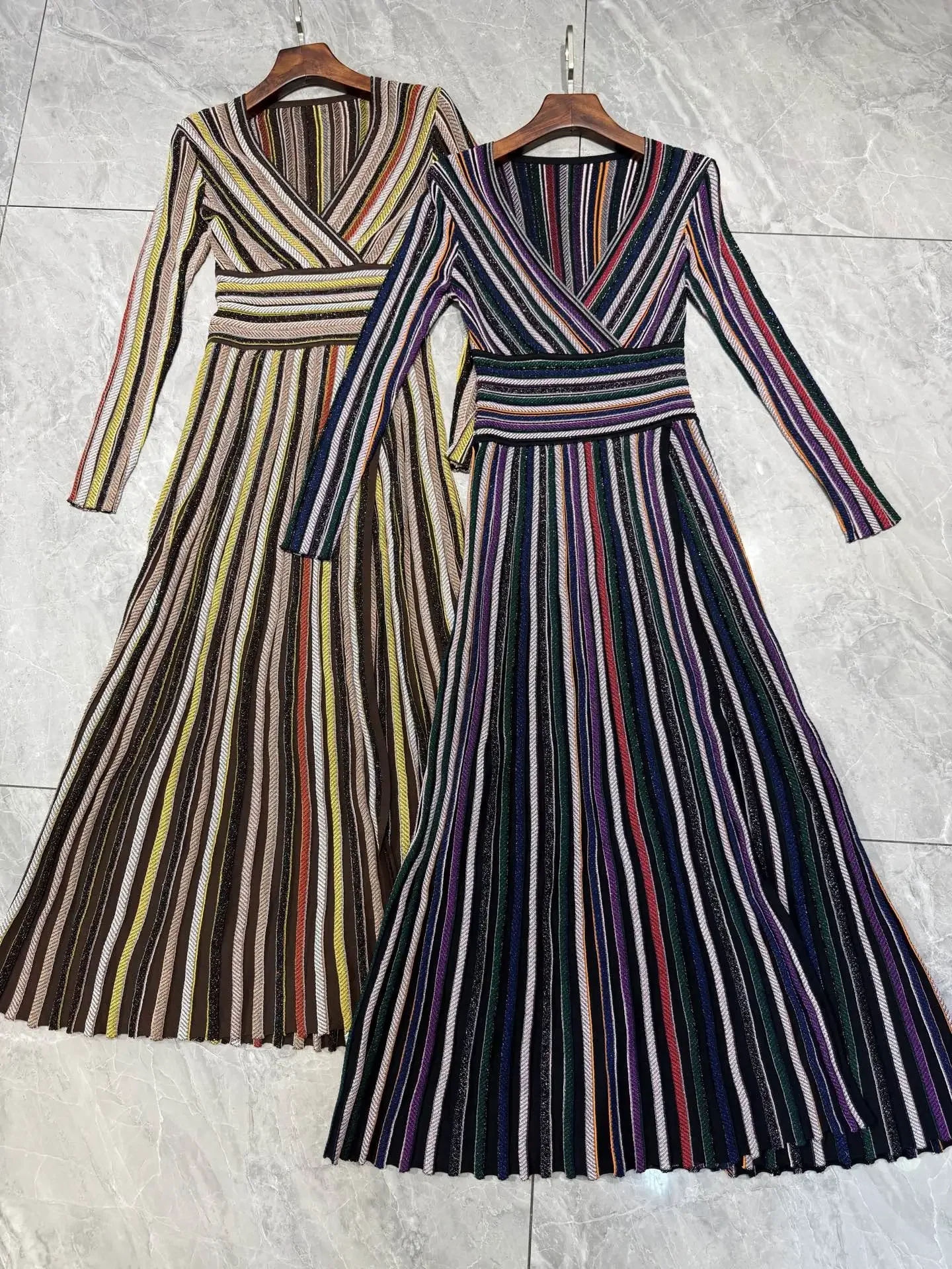 2 cores feminino metálico lantejoulas listrado robe cintura elástica com decote em v manga longa vintage senhoras vestido maxi de malha