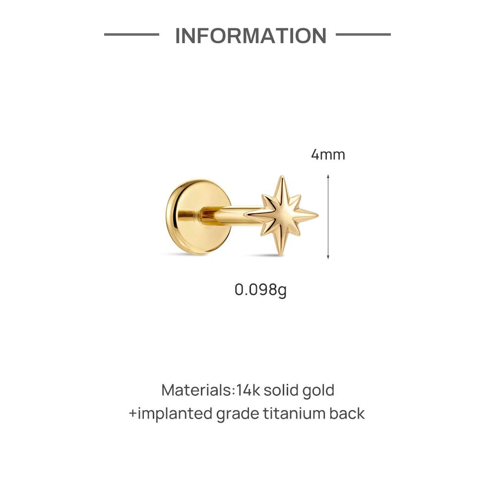 AIDE Mini-Piercing-Ohrringe aus 14-karätigem massivem Gold, glänzend, Herz-/rund-/sternförmig, für Damen, in verschiedenen Größen, klassischer Hochzeits- und Brautschmuck, luxuriöser Schmuck – Detail 8