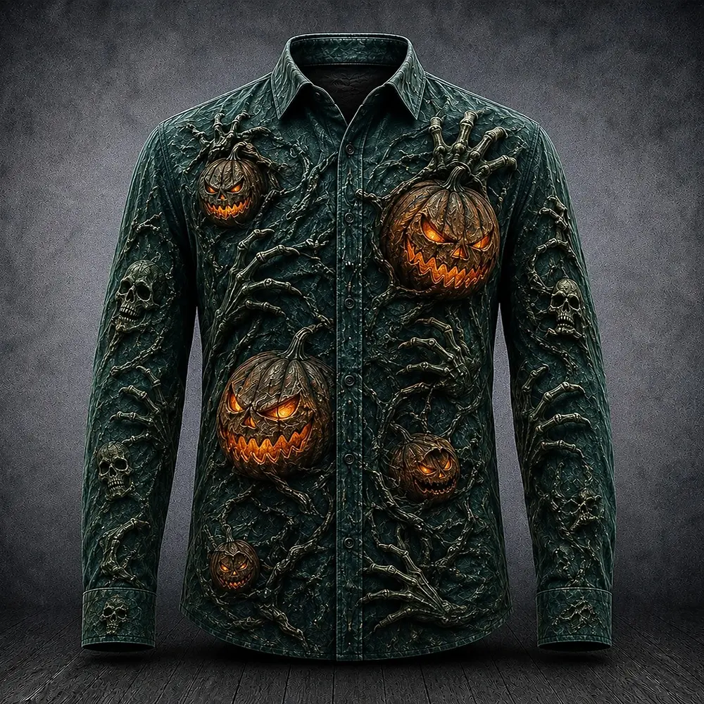 Men Halloween Skeleton Pumpkin 3D Print Long Sleeve Shirt Gothic Lapel Button Down Party Casual Shirt