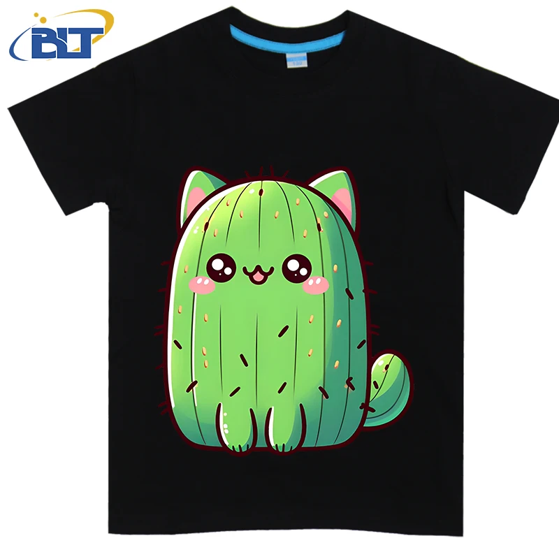 Cat Cactus printed kids T-shirt summer pure cotton short-sleeved casual top suitable for both boys and girls