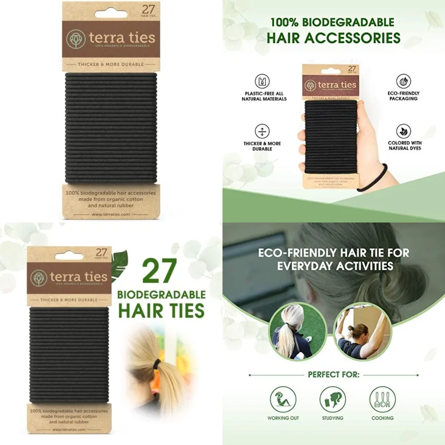

BIODEGRADABLE Elastic Hair Ties for Women Men - Organic No Crease Hair Tie Ponytail Holders and Hairties for Buns - Plastic Fre