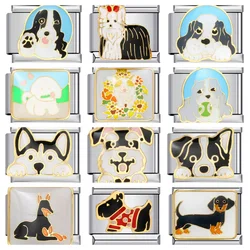 Cute Husky Corgi Collie Pet Dog Italian Links Charm Fit 9mm Stainless Steel Bracelet DIY Making Y2K Women Men Jewelry