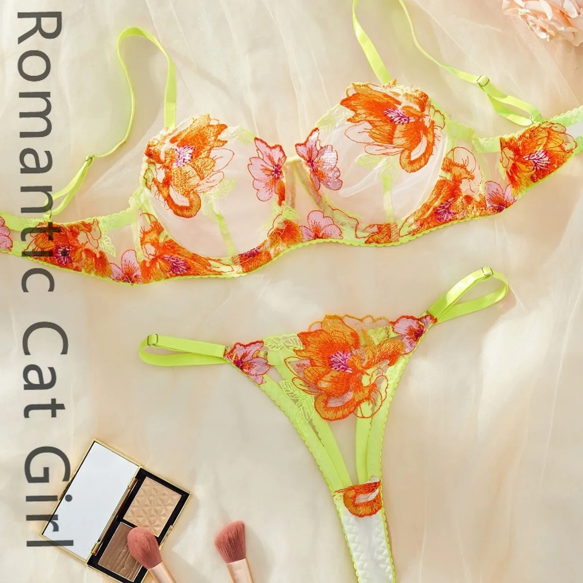 

2025 new European and American sexy underwear garter embroidered flower mesh multi-color sculpting split set