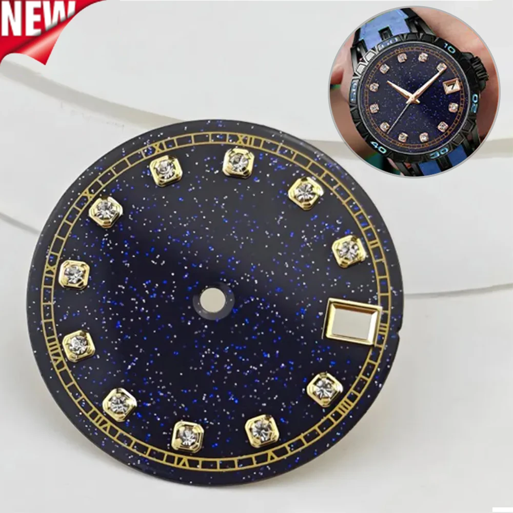 Cadran de montre 28,5 mm en pierre bleue avec diamants 3H pour mouvement automatique Seiko NH35 NH36, sans logo, pièces de rechange stériles pour modification DIY