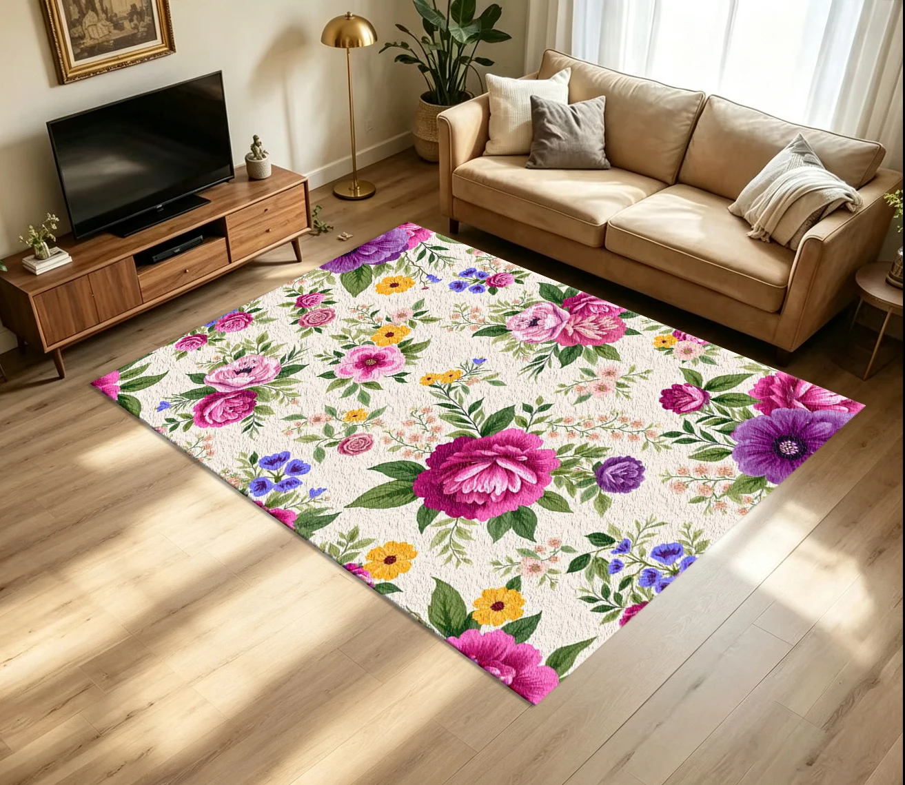 Vintage Multicolor Peony Floral Carpet Flooring Retro Botanical Print Floor Rug for Living Room Bedroom Home Interior Decoration