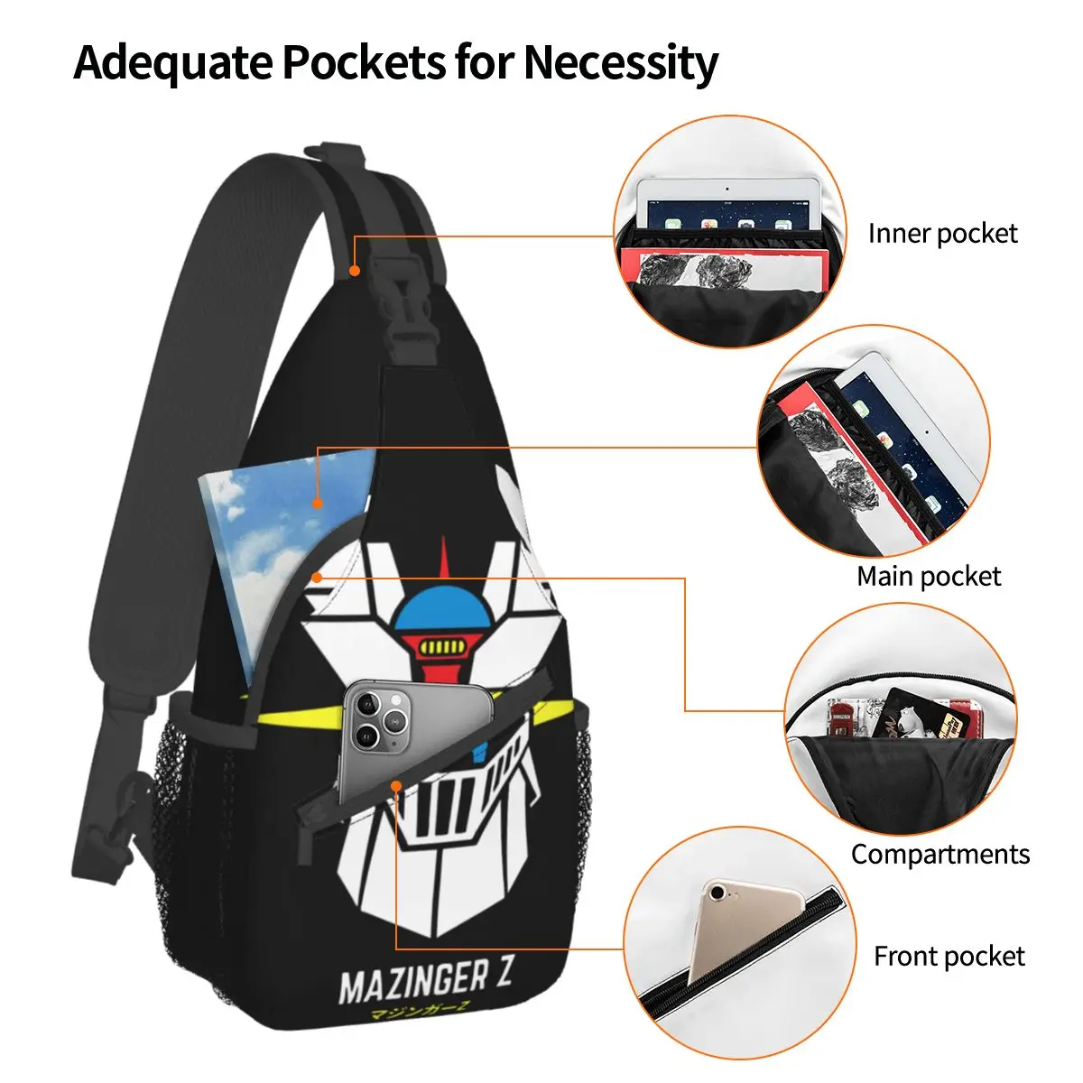 Actarus Mazinger Z Crossbody Sling Bag Cool Chest Bag Robot Grendizer Goldorak Shoulder Backpack Daypack Hiking Outdoor Camping