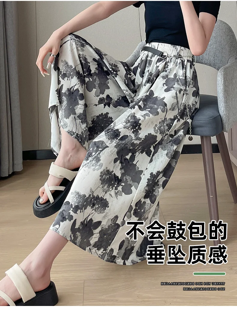 Women Summer A-Line Ink Capri Print Chiffon Pants, Thin Culotte ,Women's Trouser, Casual Elastic High Waist Wide Leg Pants, New