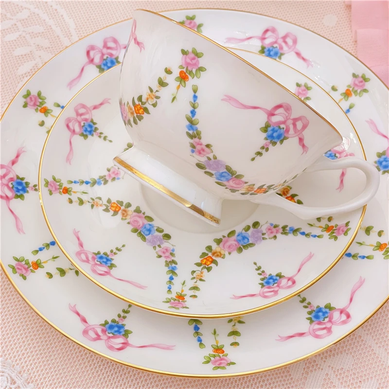 French Pink Coffee Cup and Saucer Dessert Plate 3 Pcs Bow Retro Rose Bone China Mug Home Afternoon Tea Ceramics Tableware Set