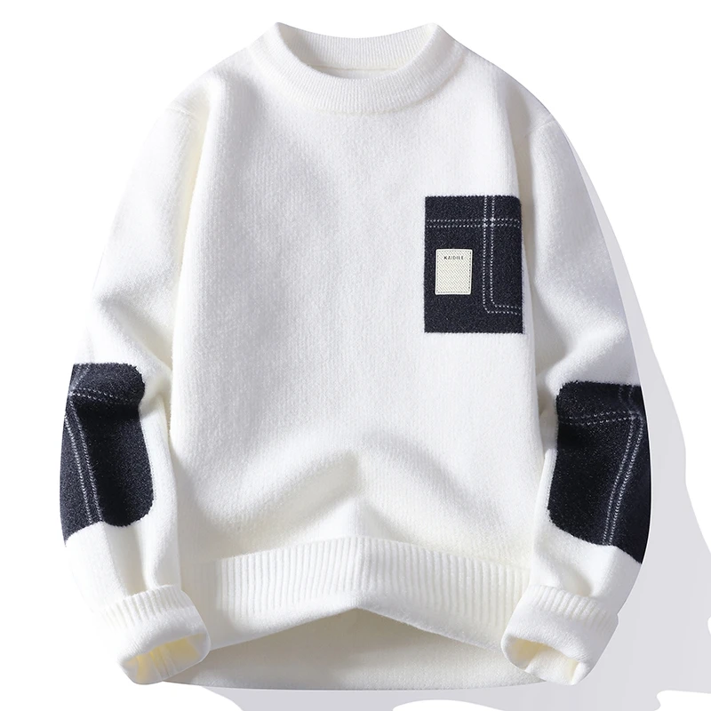 

men's autumn winter long sleeves knit sweater round neck new model patch keep warm pullover leisure fashion youth men's clothing