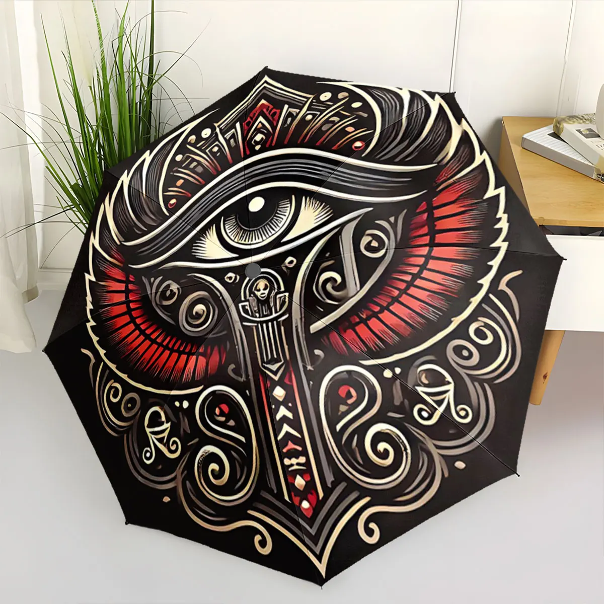Mystic Eye Design with Red Wings and Ornate Details portable waterproof sun rain umbrella for outdoor travel beach