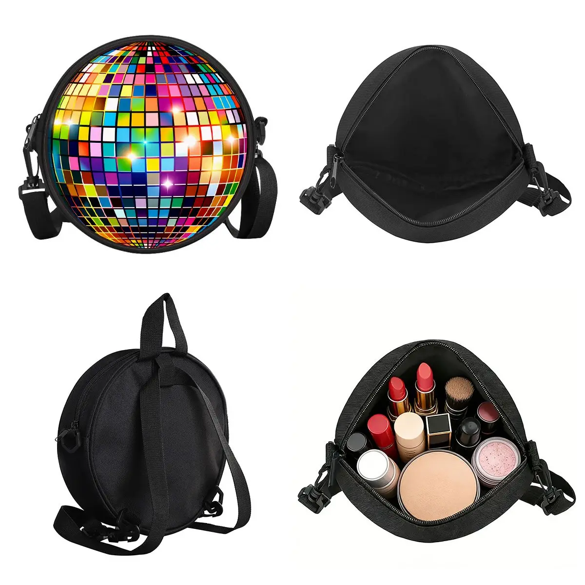 Bunte Disco-Kugel-Umhängetasche, runde Umhängetasche, lässige Messenger-Tasche, tägliche Umhängetasche mit verstellbarem Riemen für Damen, beste Geschenke, 2D-Flach – Detail 4