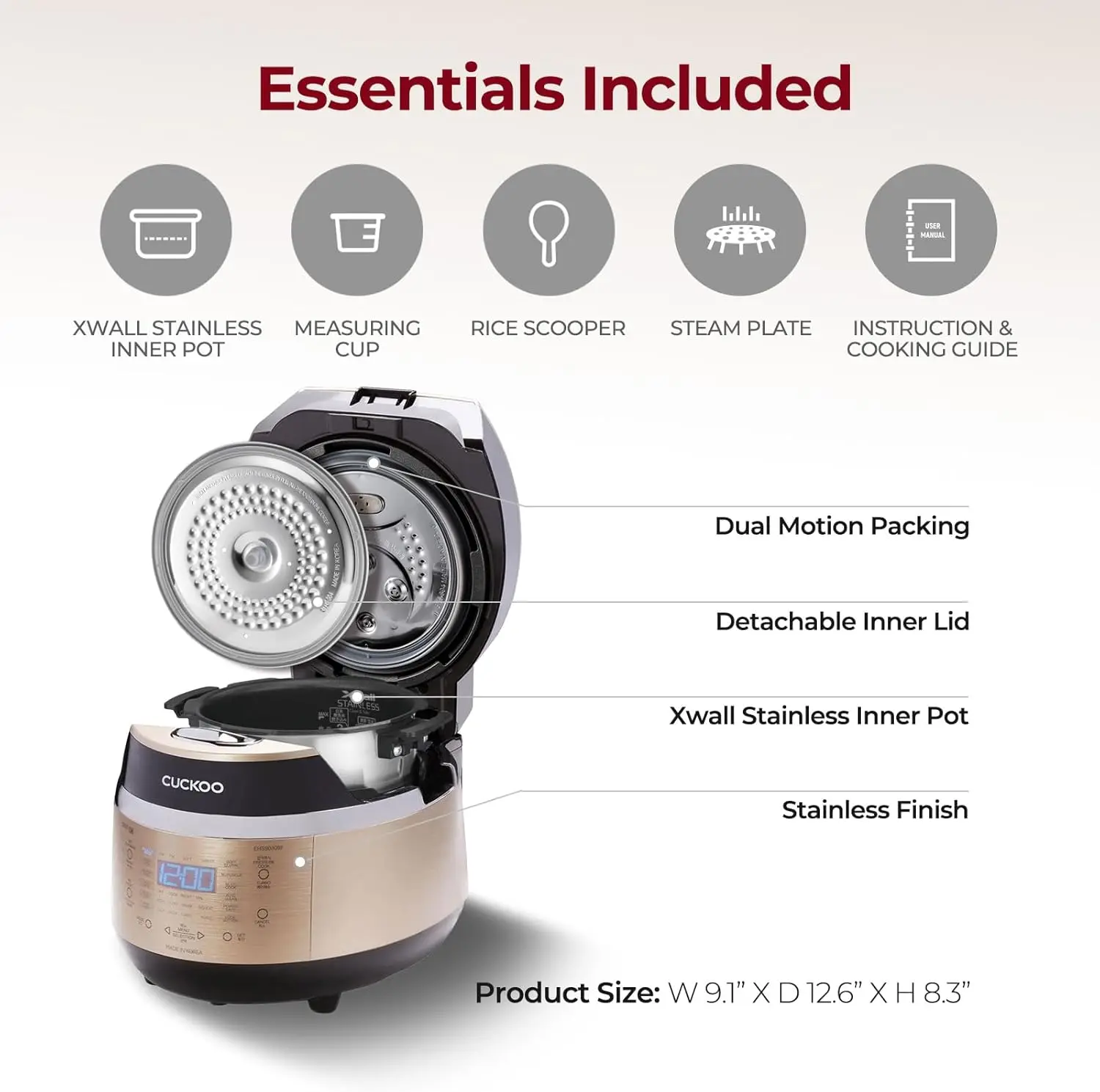 Heating Pressure Rice Cooker with Nonstick Inner Pot, 16 Menu Modes, Fuzzy Logic Tech, 3 Voice Guide, Auto Clean (Gold)