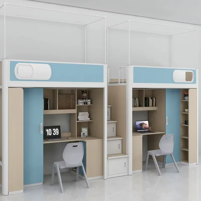 Wooden Steel Loft Bed with Desk Bookcase Drawer Dormitory Apartment Hotel Bunk Beds Space Saving Furniture