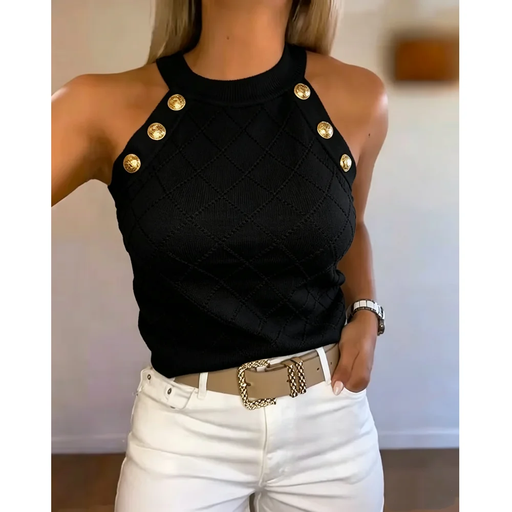 Women Halter Sleeveless Knit Tank Top, Diamond Textured Solid Black Slim Fit Cropped Sweater Vest Casual Summer Camisole