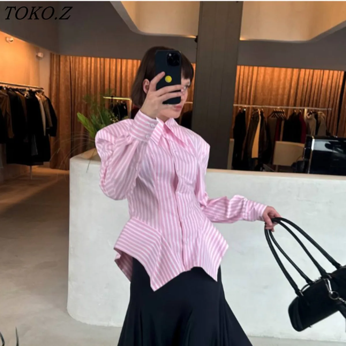 

TOKO 2026 New Women Pink Striped Shirt Oversized Collar Padded Shoulder Fitted Waist Asymmetric Hem Long Sleeve Blouse Top