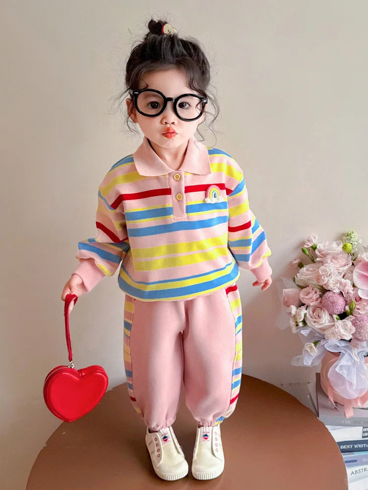 

Girls' Spring StripedpoloLeisure Suit2025New Color Striped Children's Clothing Baby Spring Autumn Sweatpants Two-Piece Set