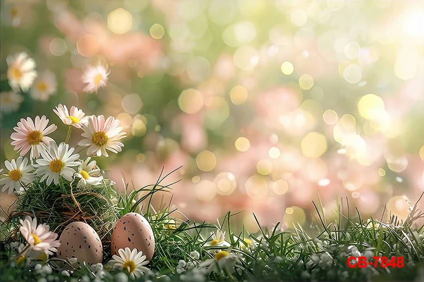 خلفية عيد الفصح الربيعية، يوم مشمس، مرج الزهور، البيض الملون، خلفية التصوير الفوتوغرافي للأطفال، عيد ميلاد الطفل