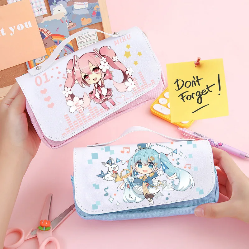 

Hatsune Miku Peripheral Pink Blue Pencil Bag High School Stationery Box Canvas Virtual Singer Pencil Box Large Capacity Gift
