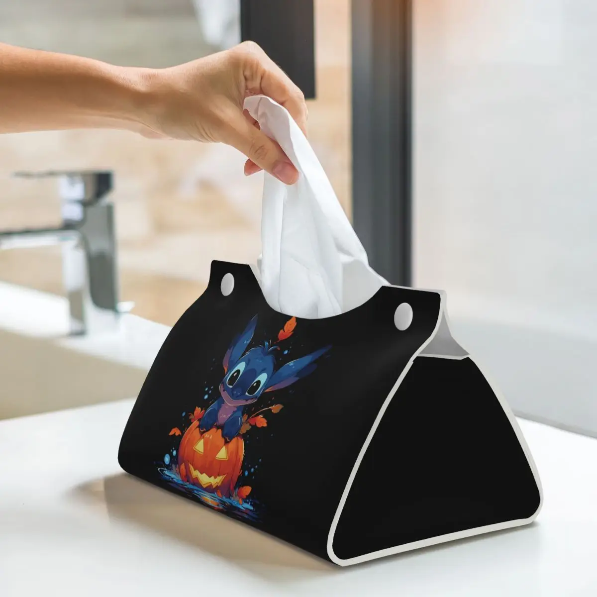 Custom Halloween Stitch Facial Tissue Box Cover Rectangular PU Leather Tissue Box Holder for Car Bathroom