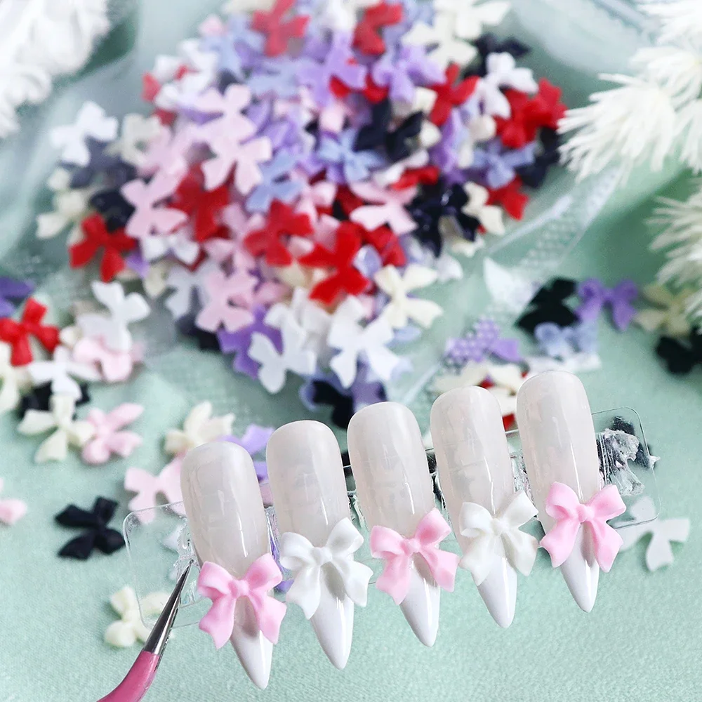 100pcs Pink White Ribbon Bow Nail Charms Korean Parts Black Nail Art Tie Decoration Kawaii Accessories Manicure Design Supplies