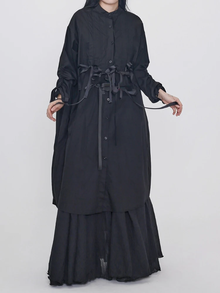YERMORA Women Black Ribbon Big Size Casual Shirt Dress Stand Collar Long Sleeve Loose Fashion Tide Spring Summer 2025 New