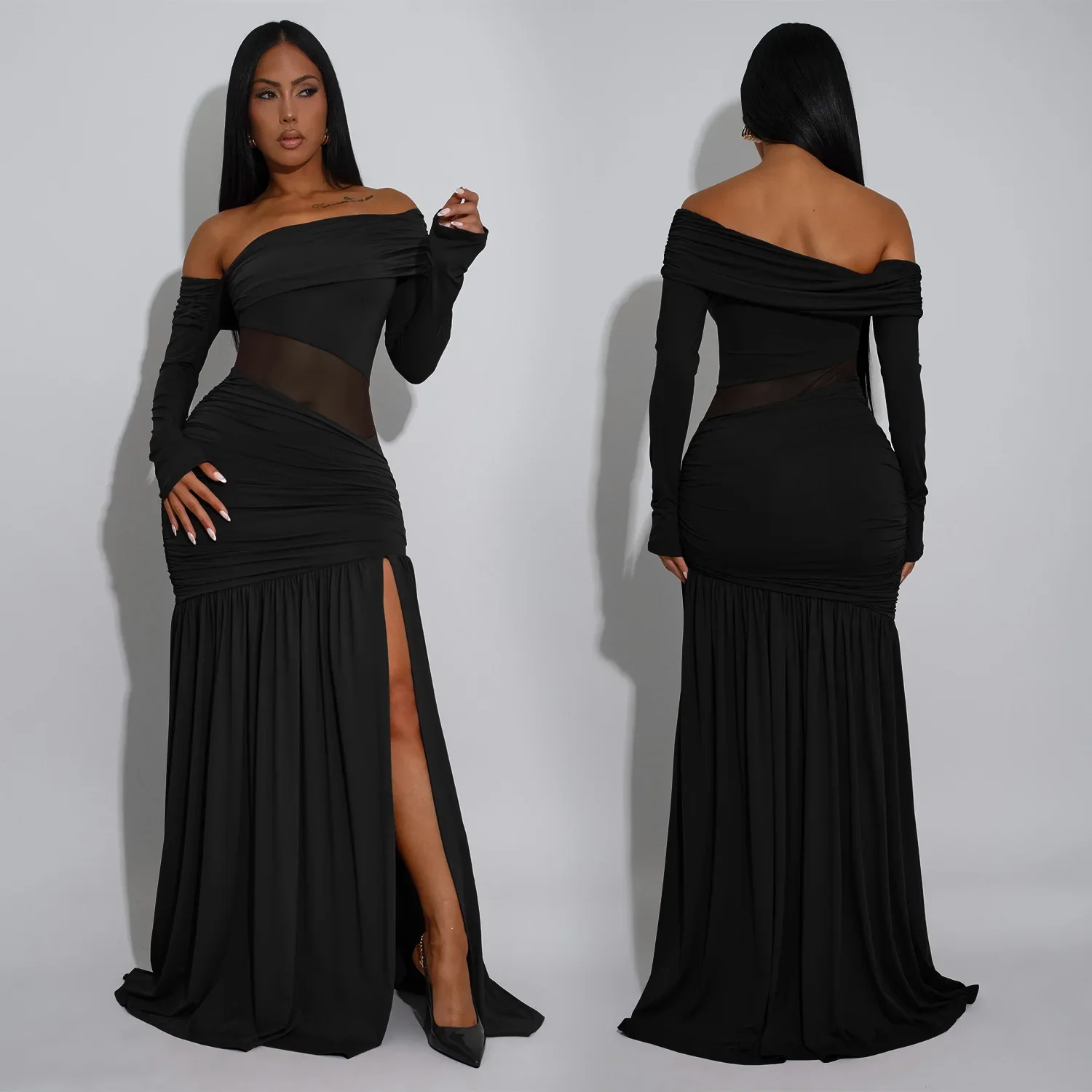 

Женское сексуальное длинное платье с разрезом на шее и длинными рукавами, 2026, элегантное платье макси для отпуска, дня рождения, модные платья