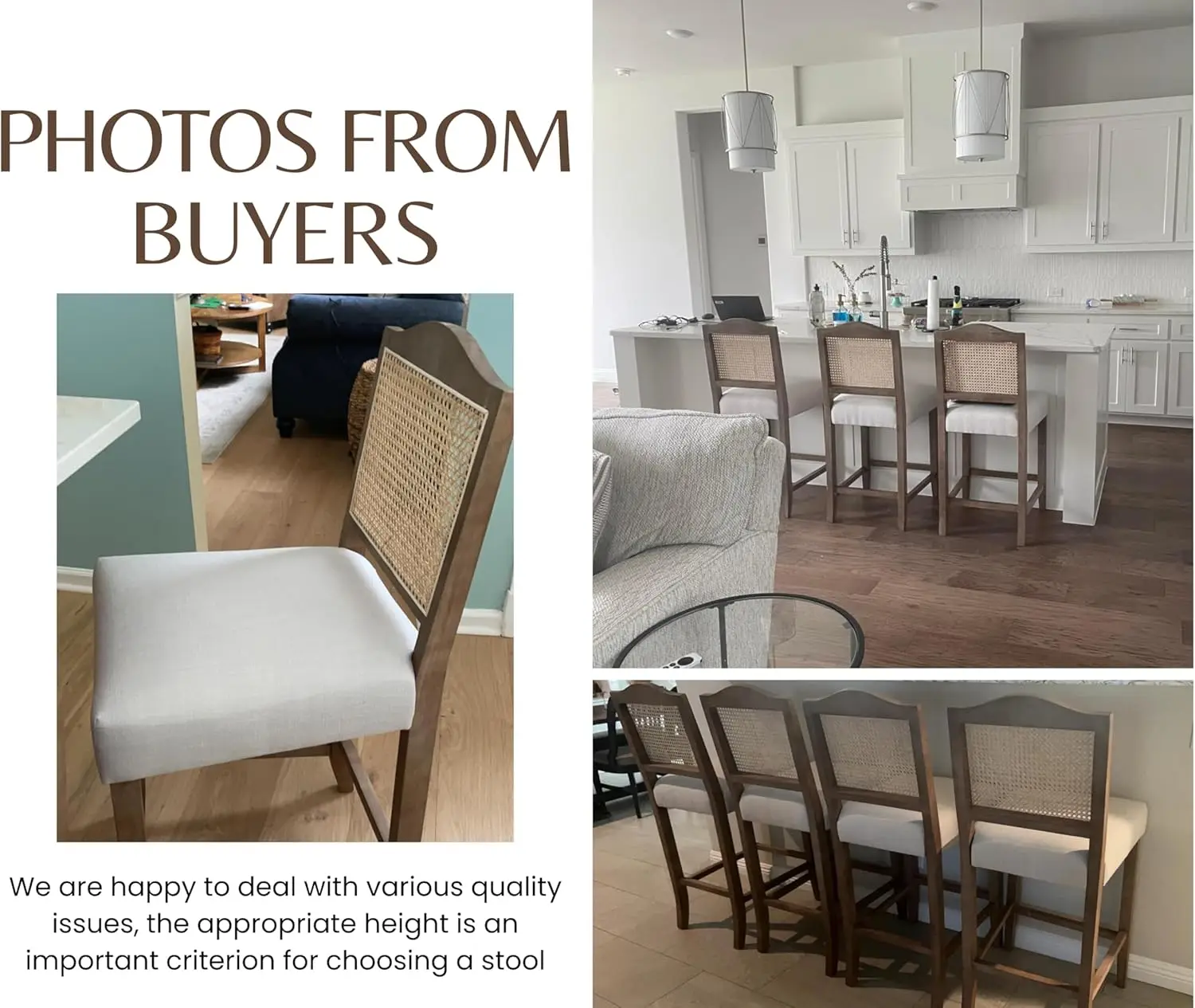 Set di 2 sgabelli da bar Farmhouse, schienale in rattan, imbottiti in lino, sedie da cucina ad altezza bancone beige 30'