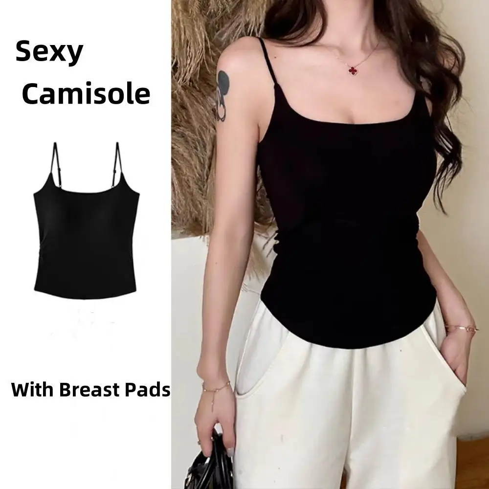 

Slim Sling T-shirt White Black Bottoming Top 2025 Summer Crop Tops With Breast Pads Underwear Vest Tops Sexy Camisole Base Top