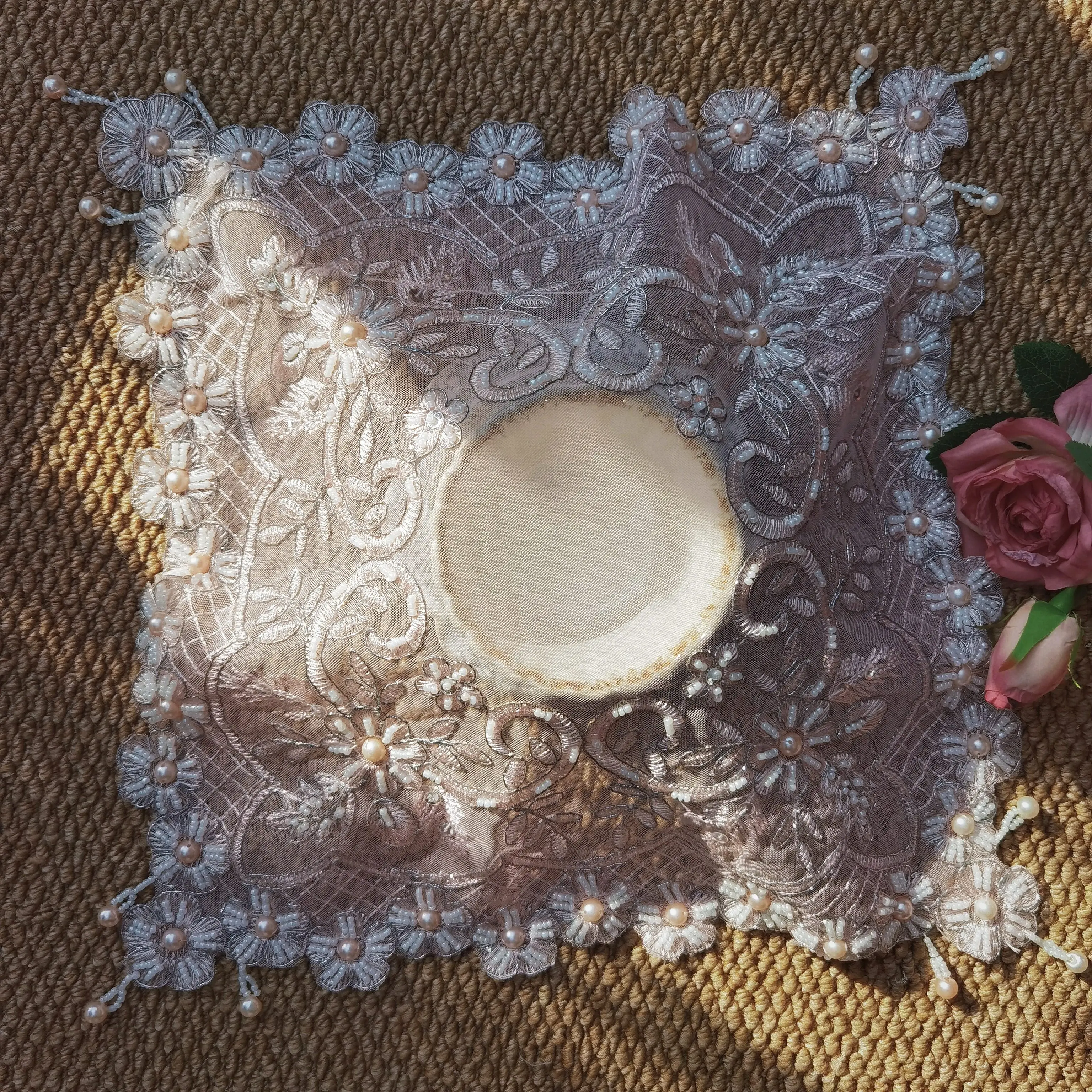Pink Embroidered Placemats Lace Napkins Luxurious Handmade Beaded Coasters Furniture Decor Small Covers Birthday Table Decor view 4