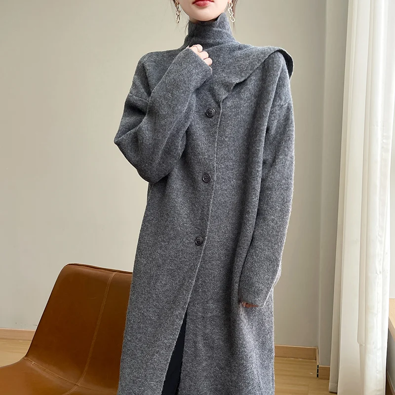 

Новинка 2025 года, повседневное шерстяное пальто Lazy Wind, вязаный кардиган с воротником из % шарфа, женский однотонный свитер средней длины, пальто