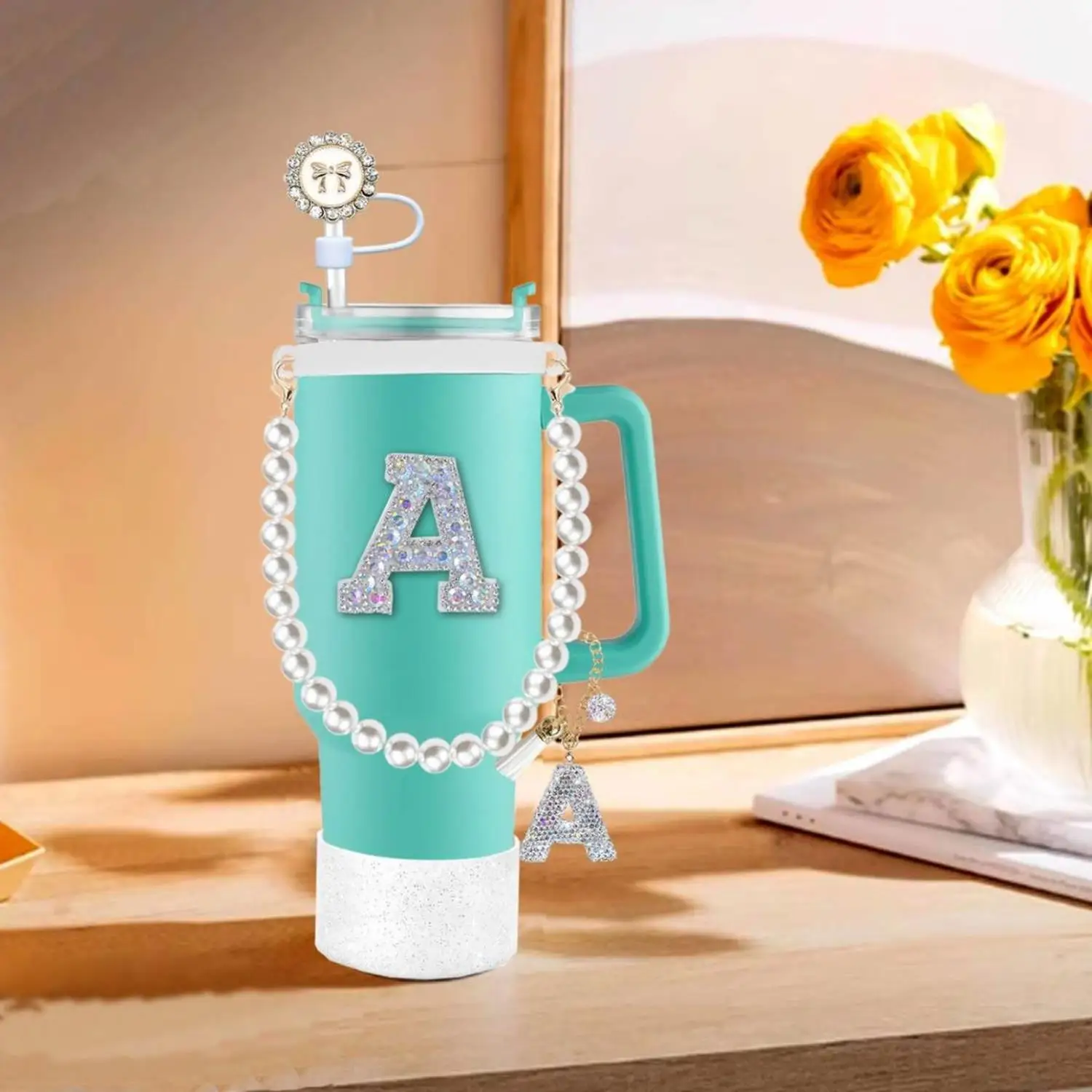 Resin Letter Keychain Pendant with Pearl Chain Handle Glitter Cup Sleeve Rhinestone Lace Tray Straw Topper - Ice Cup Holder Acce