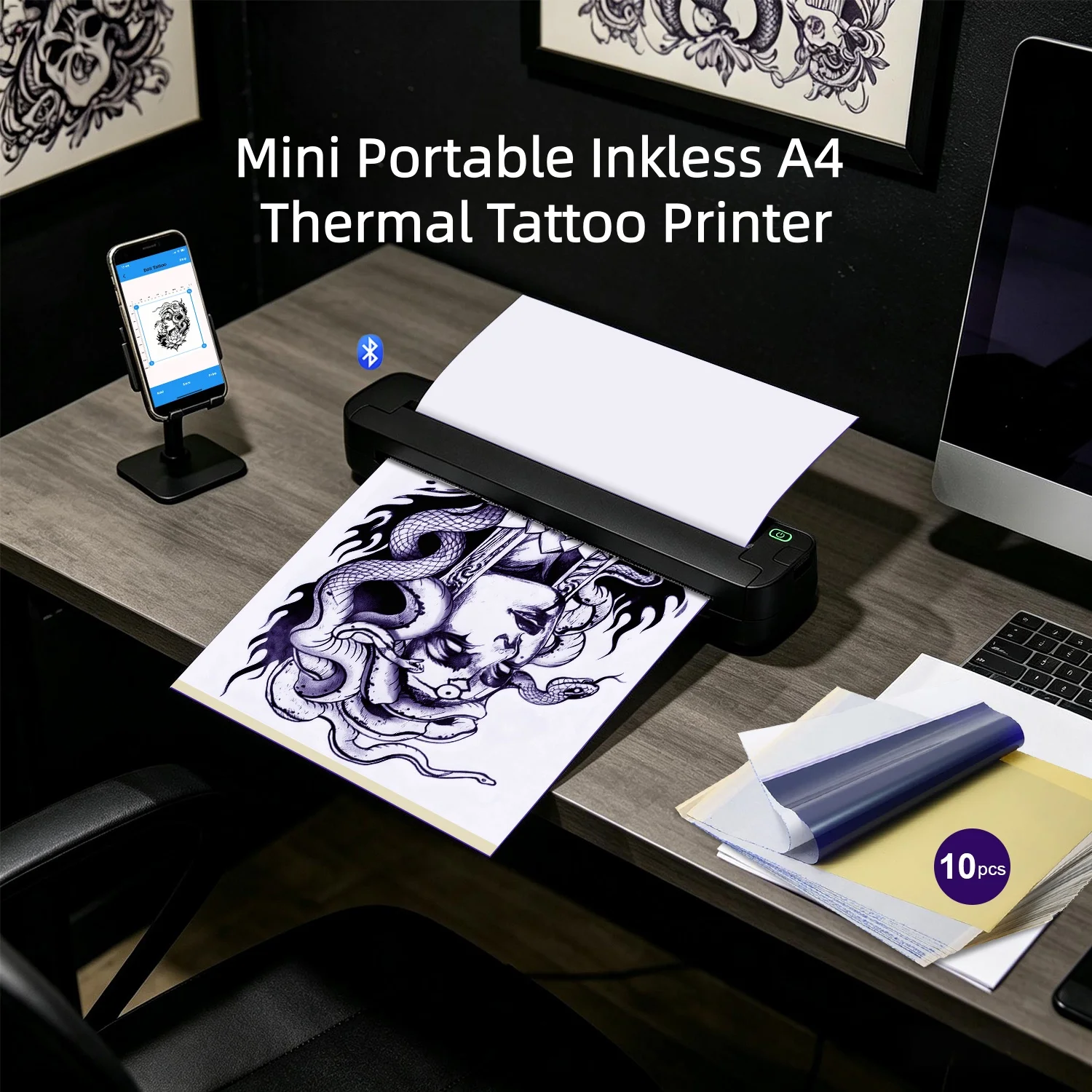 Impresora Térmica de Plantillas para Tatuajes ST80, Impresora Inalámbrica A4 de 203dpi HD con Papel de Transferencia Gratuito - Compatible con Teléfono y PC