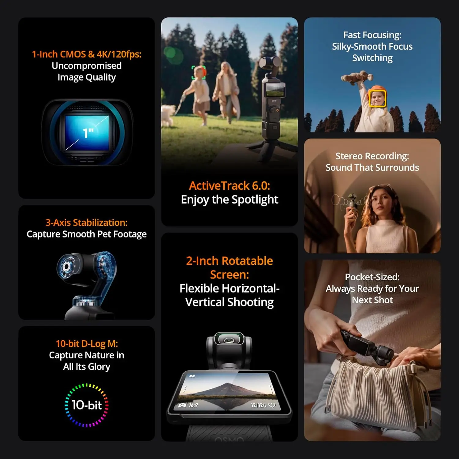 DJI-Osmo Pocket 3 Câmera Vlogging, Câmera de Vídeo Pequena, Rastreamento de Objetos Faciais, Tela Sensível ao Toque Rotativa, 1 "CMOS, 4K, 120fps, 2"