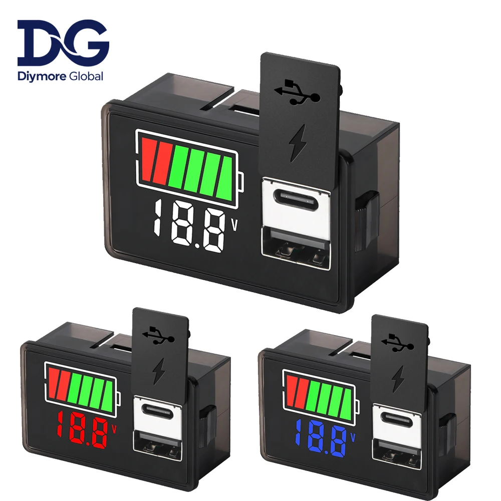 USB+Type-C Car Voltmeter Voltage Meter 12V 24V 3S-7S Lithium Battery Capacity Indicator Power Tester Li-ion Lead Acid