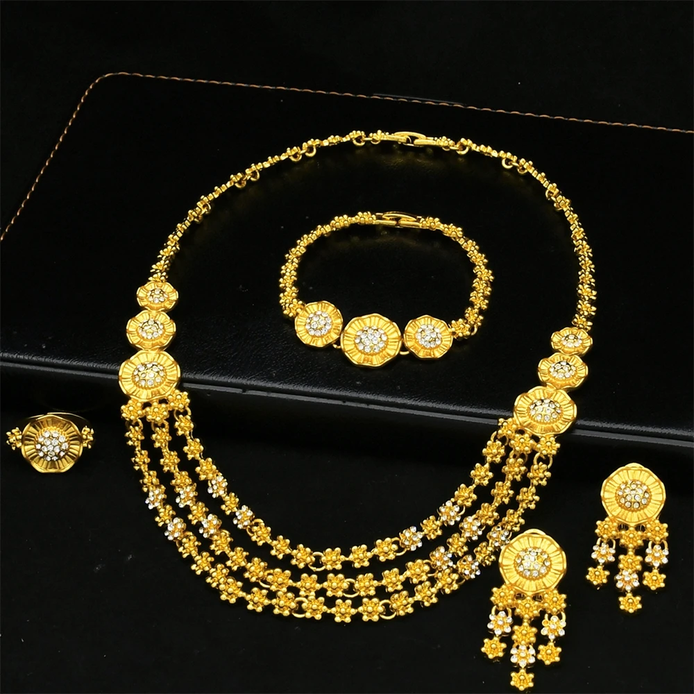 

Jewelry4you Africa 24k Gold Plated Bridal Jewelry Set Italy Women's Wedding Necklace Earrings Ring Bracelet Four Piece Set