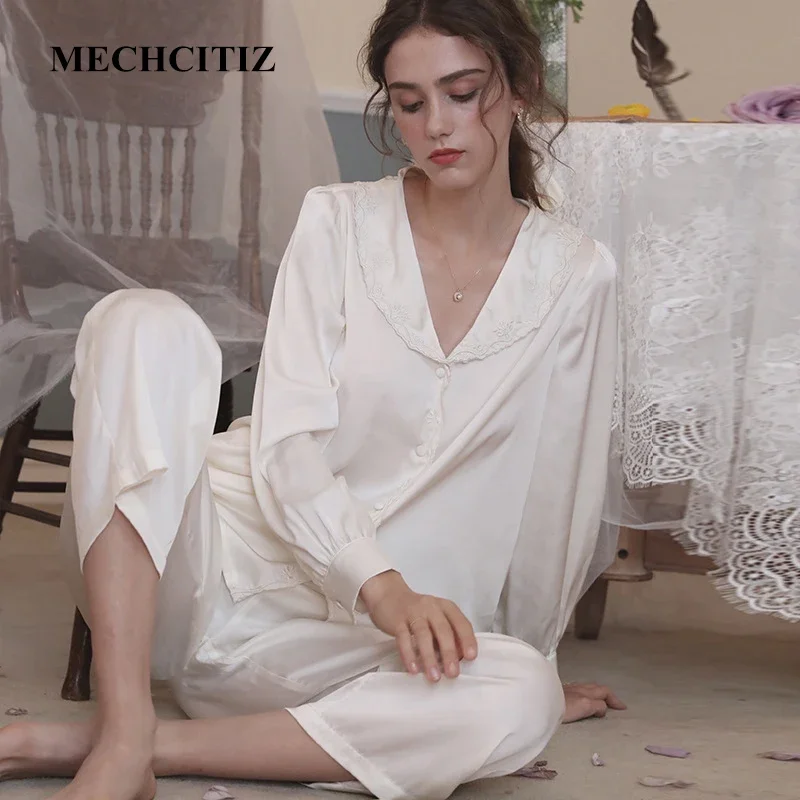 

MECHCITIZ 2021 New Satin Silk Pajamas Set for Women's pyjamas Button Tops Sleepwear Pants Spring Pijama Nightwear Home Suit