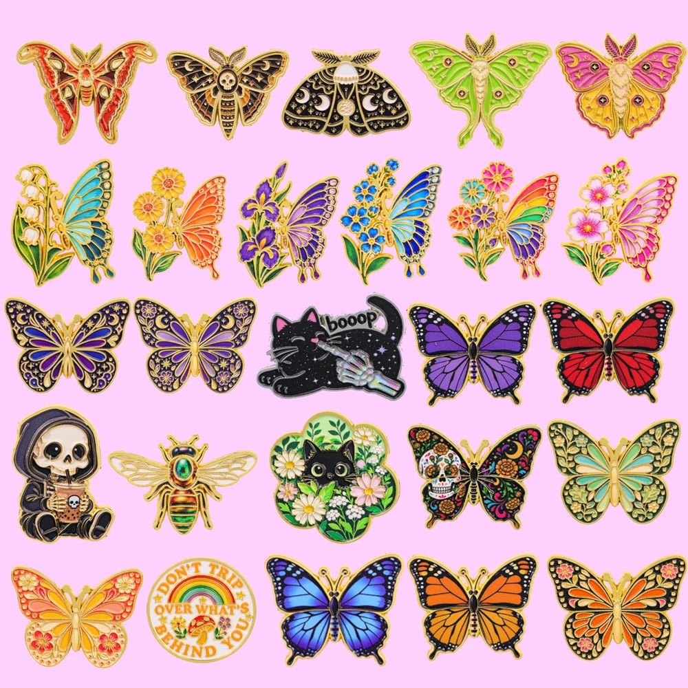 Novelty Gothic Floral Enamel Brooch Butterfly Moth Insect Skeleton Badge Birthday Friendship Gift for Nature & Cat Lovers