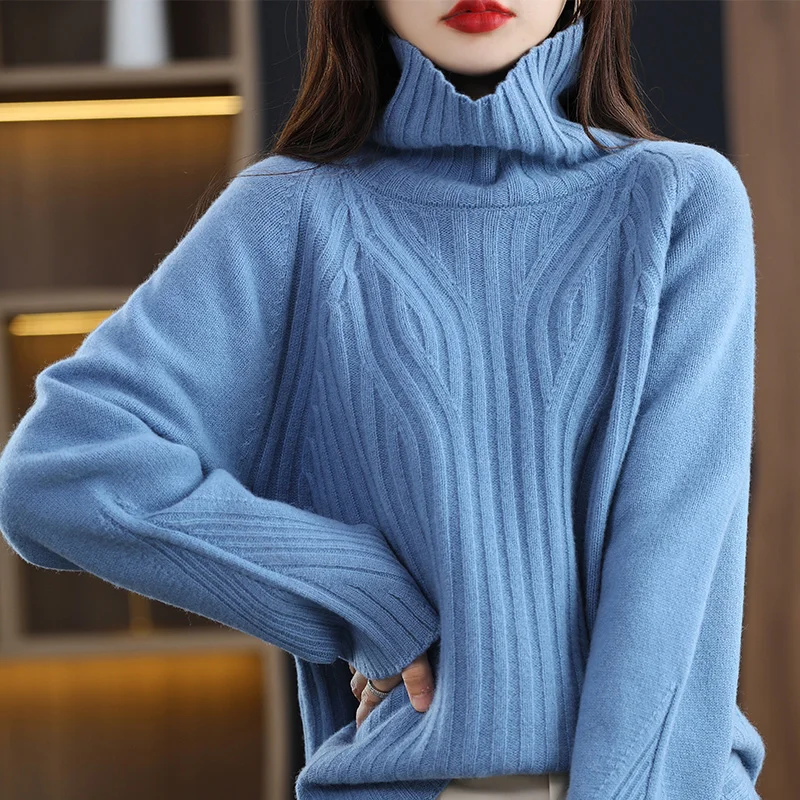 Women Heavy Thicken Warm Sweater 100% Merino Wool Jumper 2023 Autumn Winter New Female High Collar Loose Korean Version Pullover