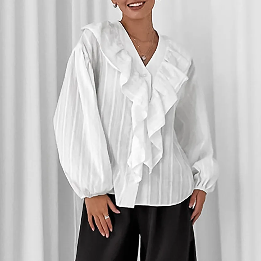 

Французская блузка с V-образным вырезом и рюшами, с длинными рукавами, повседневного, свободного и универсального дизайна, из чистого хлопка.
