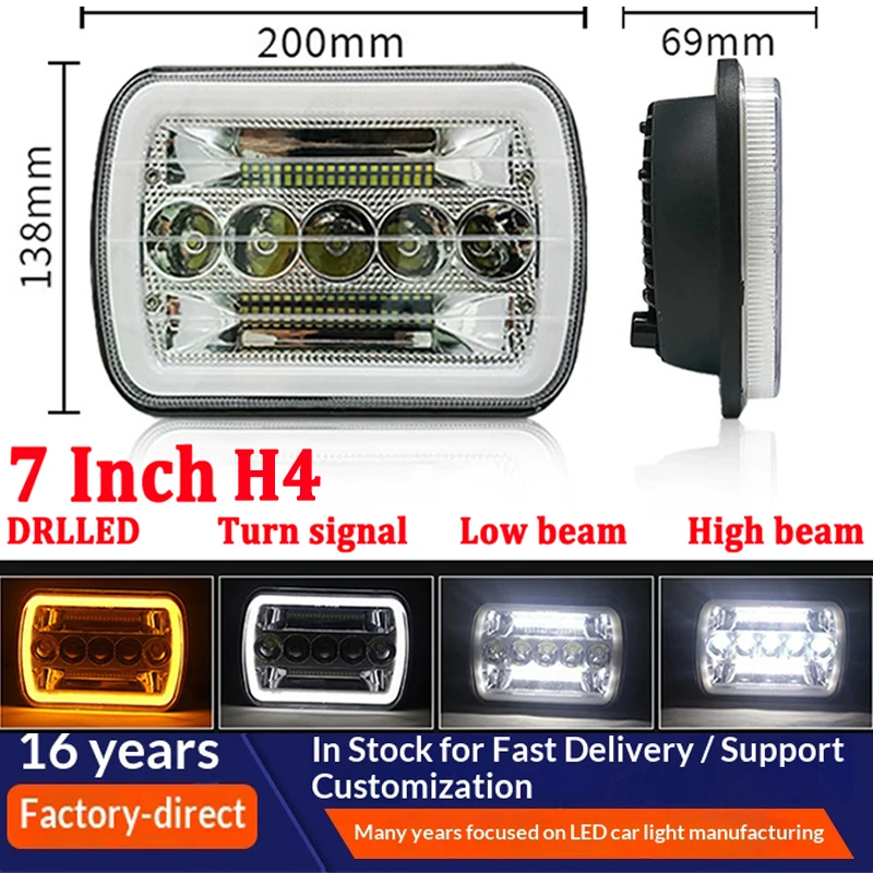 

Светодиодные квадратные фары 60 Вт, 7x6 дюймов, с янтарными поворотниками и ДХО, ближний/дальний свет, замена H6054 H5054, для Wrangler YJ GMC, 12 В