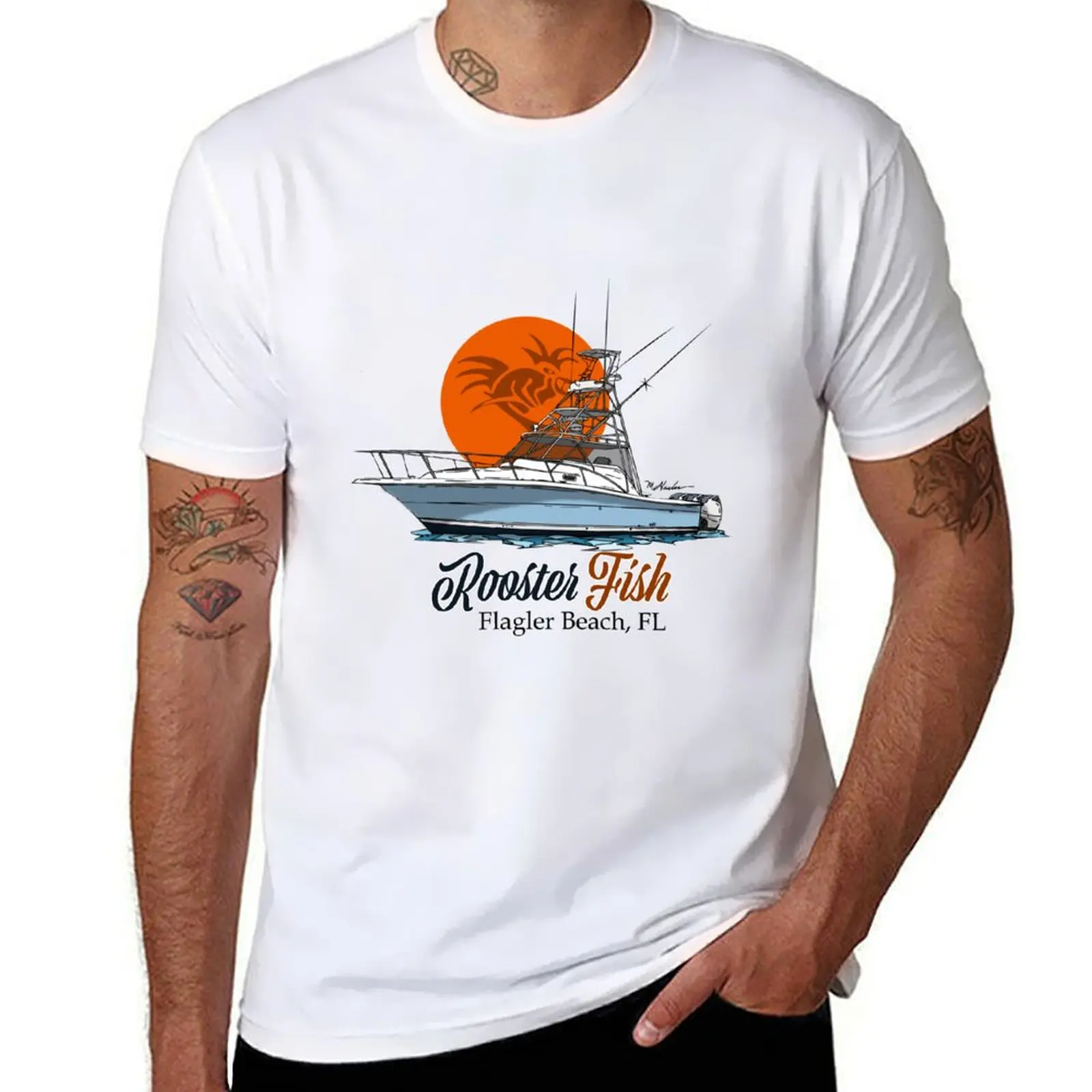 

Florida Beach, Fish Rooster Flagler T-Shirt Vintage Print Crew Neck Tee