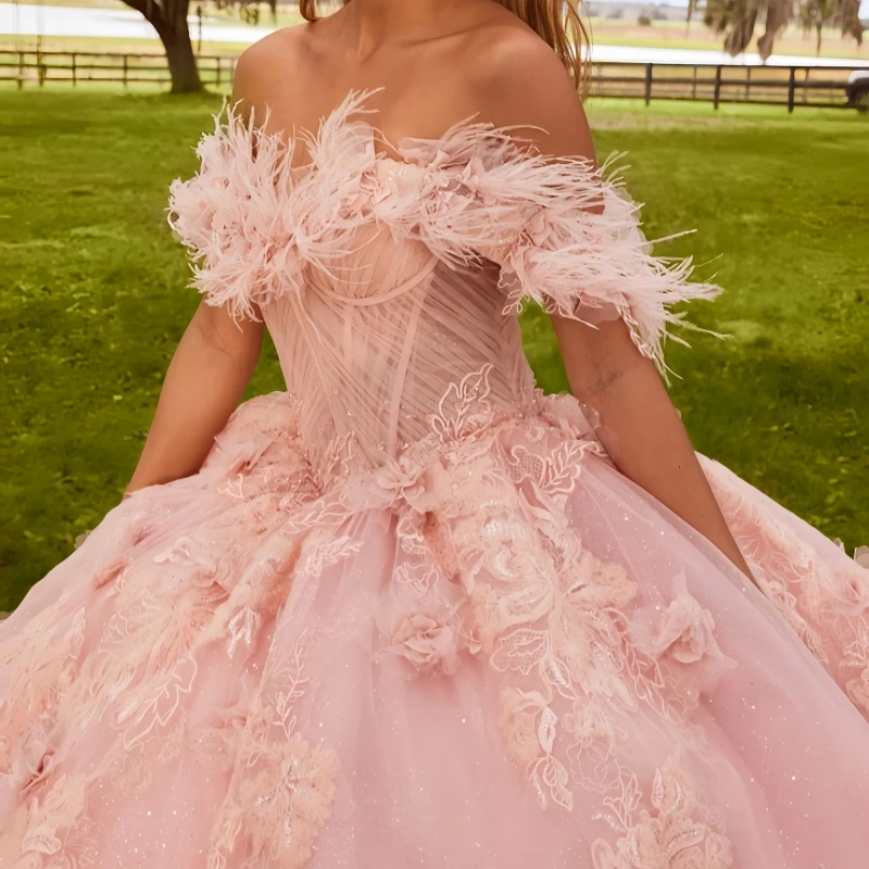 فساتين Quinceanera للأميرة الوردية اللامعة بدون أكتاف مزينة بالزهور والريش تول الحلو 16 فستان حفلة فيستدوس 15 دي أنوس #3