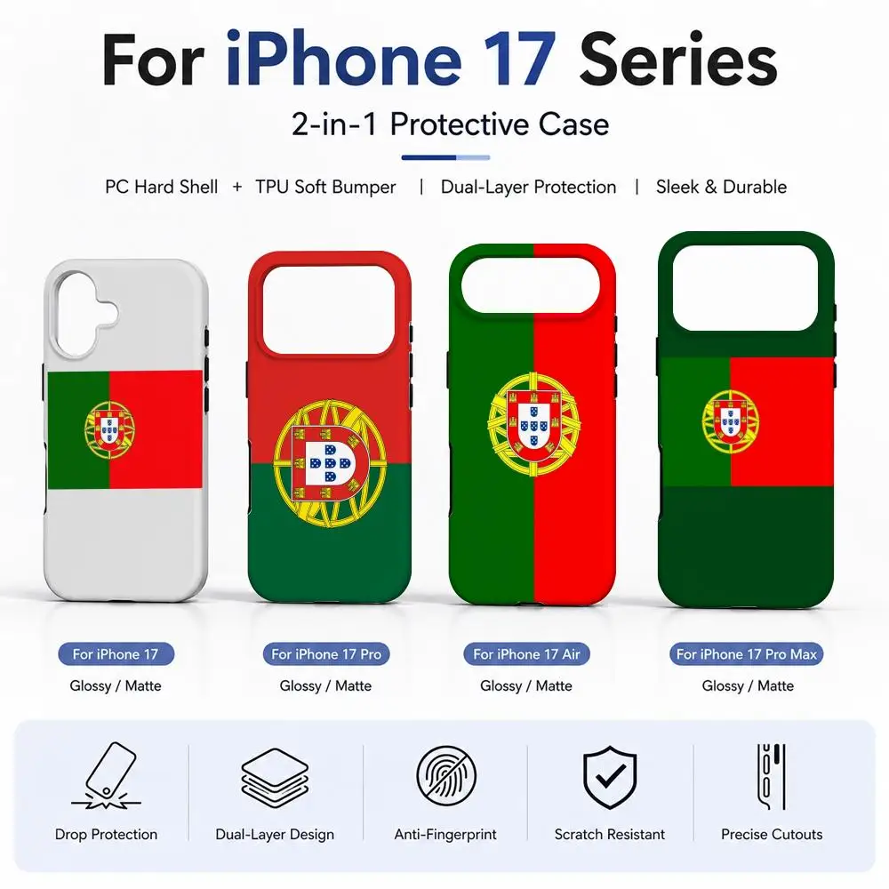 Чехол-накладка 2-в-1 с флагом Португалии для iPhone 17, 16, 15, 14, 12, 17 Air, 16e, 13 Pro MAX, 16 Plus