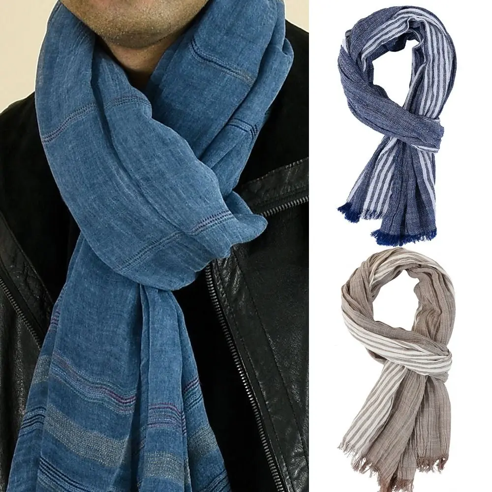 Bufanda de invierno teñida con hilo de lino y algodón de alta calidad para hombre, bufandas suaves a rayas con borlas para hombre, pañuelo cálido para otoño e invierno