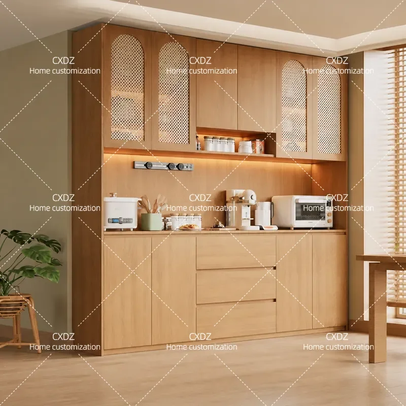 Medieval Solid Wood Oak Dining Side Cabinet Integrated Locker Wall Mounted Living Room Home Storage Cabinet Log Color Coffee