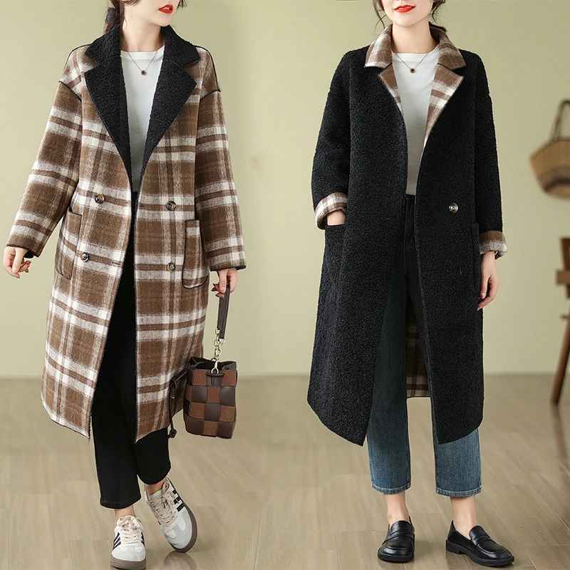 

Женское твидовое пальто больших размеров, двусторонняя одежда, шерстяная ветровка средней длины в клетку в стиле ретро, хлопковое пальто в клетку