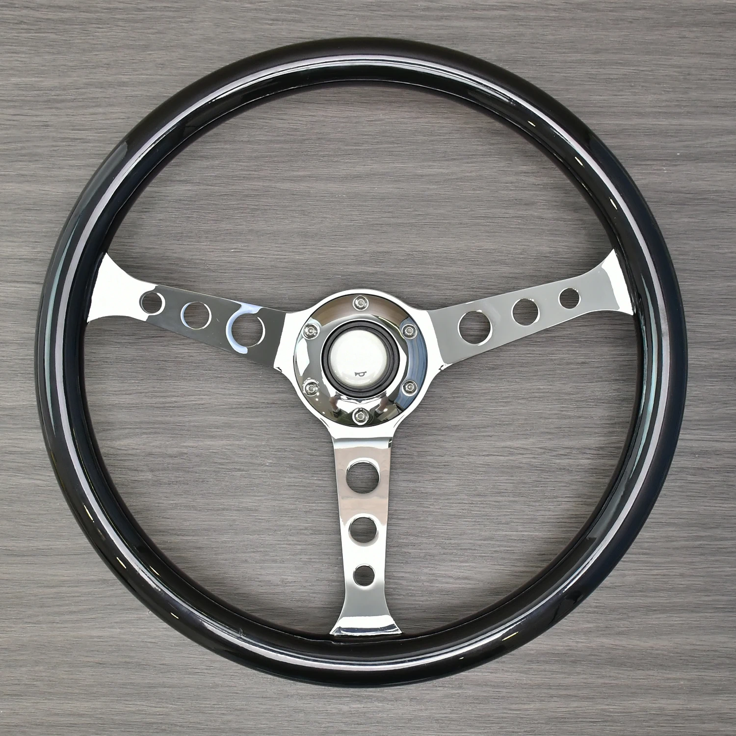 Black Solid Wood Steering Wheel 380mm 15 Inch with Electroplated Bracket for Car Interior Decorative Spoke Style