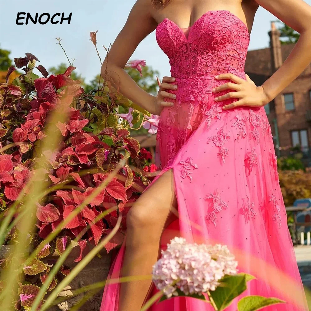 ENOCH Sexy Side Split Long Tulle Prom Dresses Sweetheart Sleeveless Applique Floor Length Lace Up Party Gown Vestidos De Novia